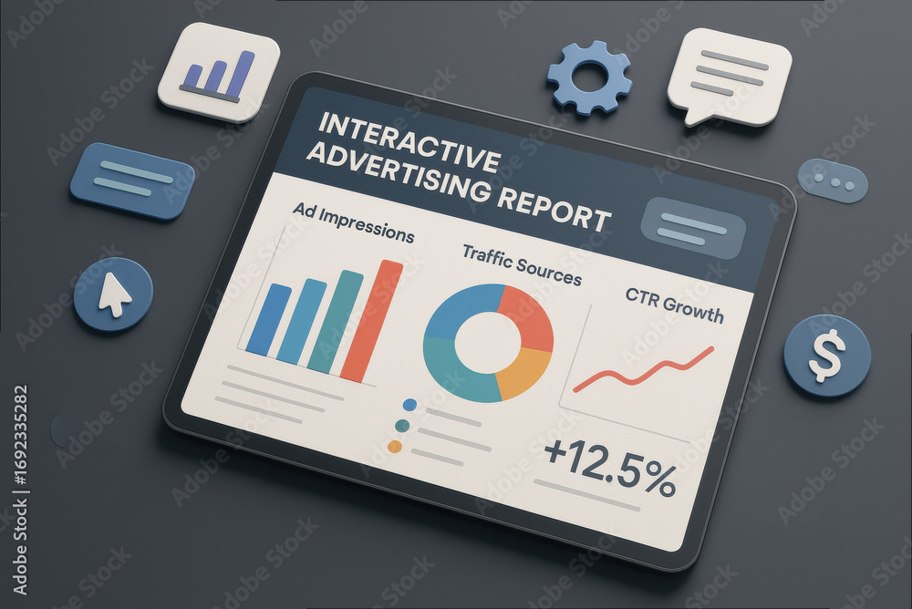 Interactive advertising report with charts and icons tablet screen ...