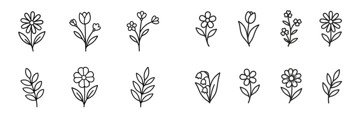 Set of hand drawn doodle flowers and leaves, minimalist botanical line art collection isolated on a white background