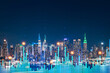 Skyscrapers Cityscape Downtown View, New York Skyline Buildings. Beautiful Real Estate. Night time. Forex Financial graph and chart hologram. Business education concept.