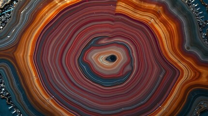  High-resolution macro photograph of petrified wood cross-section showing agate and quartz mineral layers with vivid concentric patterns. Perfect for backgrounds, luxury designs, geology concepts