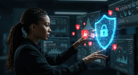 Cybersecurity analyst with futuristic data shield and monitor screens