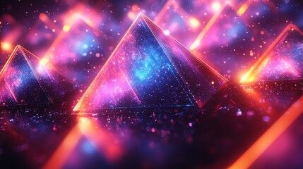 Wall Mural - Glowing neon pyramids in a dark space with particles.