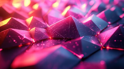 Wall Mural - Abstract geometric background with glowing pink and blue pyramids and connecting lines.