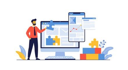 Businessman character assembling a digital puzzle on a computer illustrating web development business solutions and data integration with a smartphone. EPS Editable