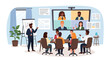 © GedhangKlutuk - Diverse business team in a modern hybrid meeting with a presenter and remote colleagues on a large video conference screen. EPS Editable
