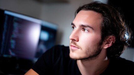 Focused developer working at a minimalist desk setup with soft natural light and a neutral background.