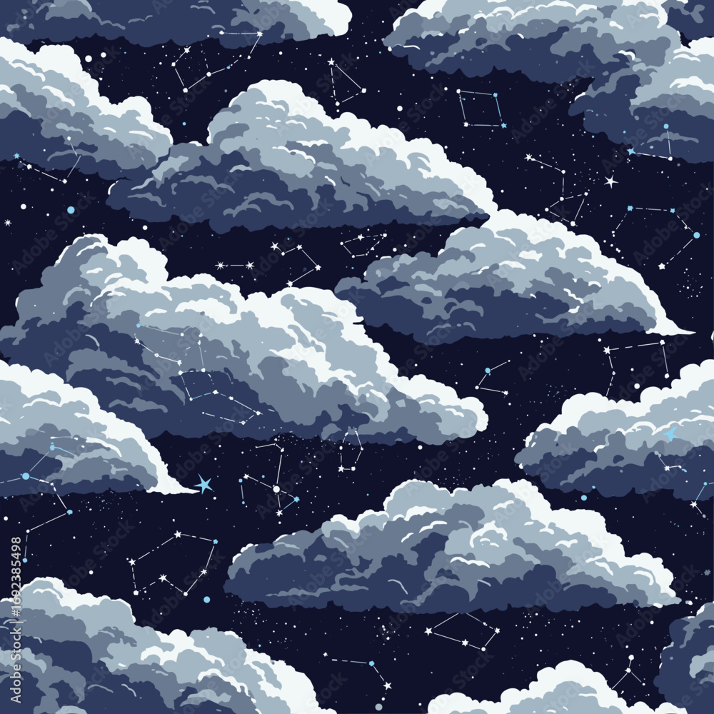 Pixel art starry night sky with fluffy clouds and celestial ...