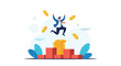 © Lily - Successful businessman celebrating victory jumping joyfully above stacked coins on podium surrounded by falling gold
