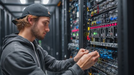 Young Technician Working on Server Rack in Data Center Environment