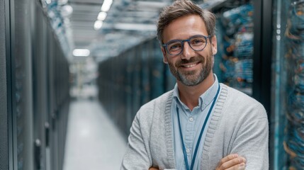 Professional IT Technician Smiling in Data Center with Servers