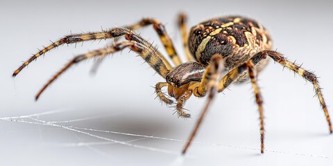 A spider is on a white surface and web.