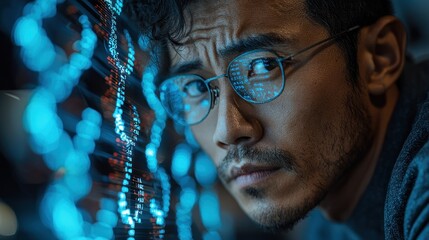 Focused man in glasses analyzing data on screen.