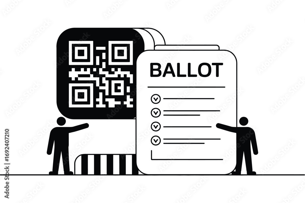 Illustration of ballot with qr code and people pointing, promoting ...