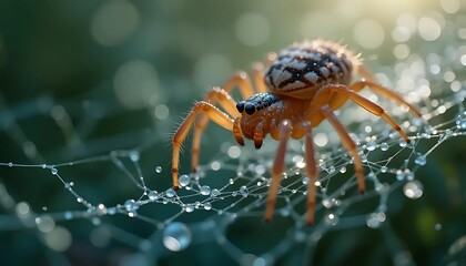 Detailed close up of a spider on a dew covered web glistening in the soft morning sunlight