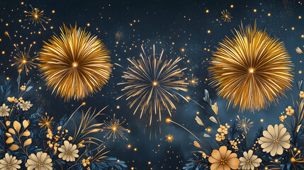 Colorful festive fireworks exploding in night sky, golden yellow illumination, holiday New Year 2026 celebration, abstract transparent party background, 3D modern digital festive artwork design concep
