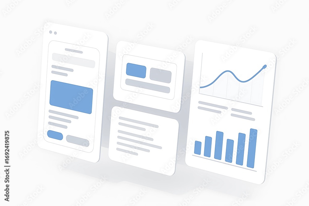Floating Multi-Screen Interface Displaying App Layouts, Buttons, and ...