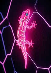 Neon gecko traversing illuminated geometric network against dark textured backdrop creating a captivating visual effect