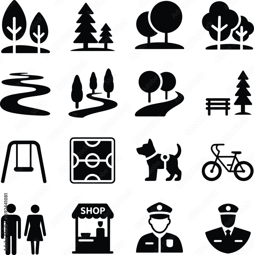 (293)Park & Recreation Icon Set – Black and White Vector Illustrations ...