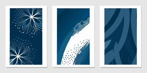 Abstract triptych set of three vertical panels with blue and white geometric and brushstroke designs