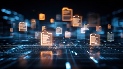 Abstract network grid with files and folders, futuristic software interface, digital document management system, store, search and organize documents, corporate business, paperless office	
