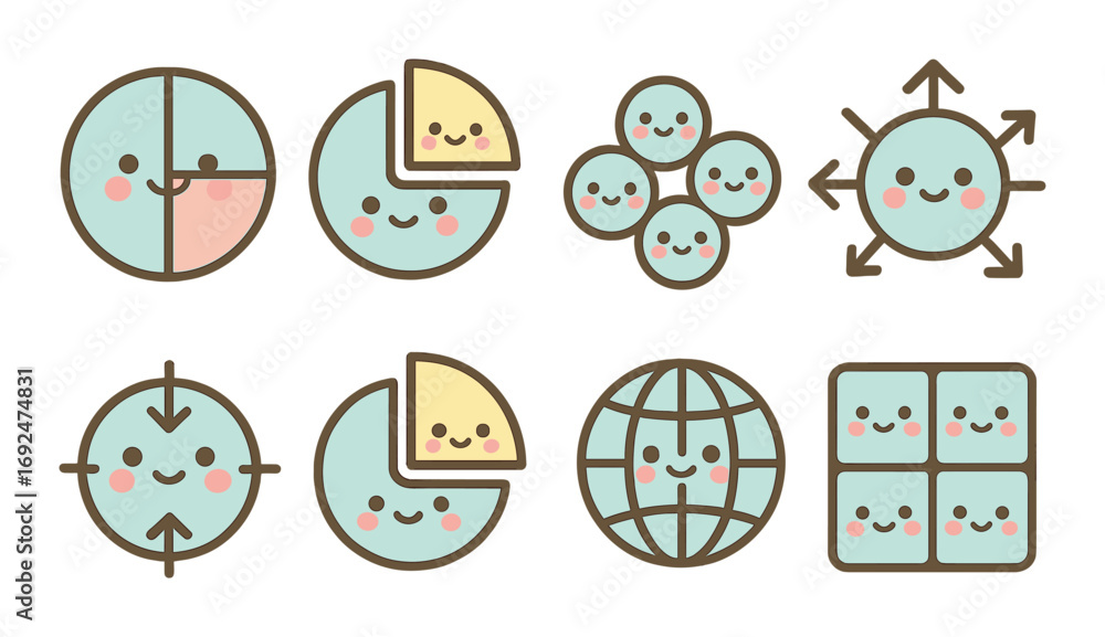 Cute charts flat icon set. featuring pie chart, bar graph, scatter plot ...