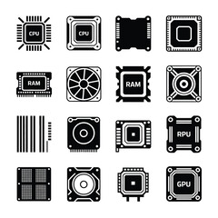 Bundle of 12 computer hardware icons representing cpu ram gpu and cooling components silhouette vector illustration white background