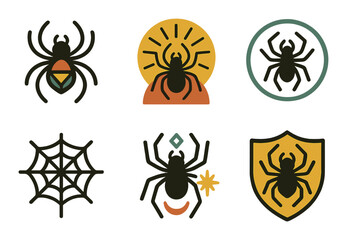 Spider and web flat icon set. featuring various spiders, webs, shields, and symbols.