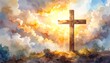 © Kusuma - A wooden cross stands on a hilltop, bathed in golden sunlight piercing a vibrant sky