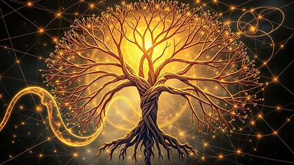A classic tree of life diagram is unraveled and rewoven into a new, complex network of glowing light.