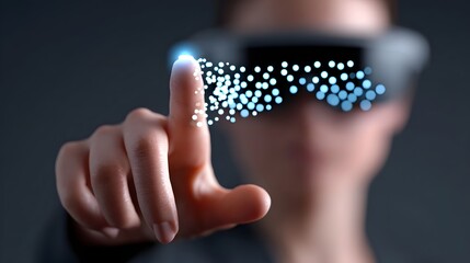 A human hand reaching out and interacting with a high-tech, futuristic digital interface filled with glowing, animated buttons and touch controls.