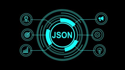 Futuristic json data format concept with glowing blue interface elements, showcasing user, target, growth, speaker, settings, and idea icons on a black background for modern technology applications