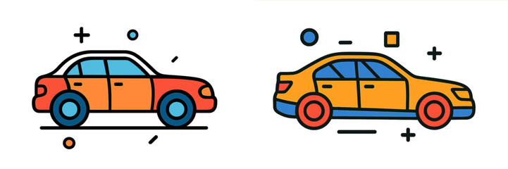 Two colorful car icons in a modern flat line art style for transportation and automotive concepts isolated on a white background