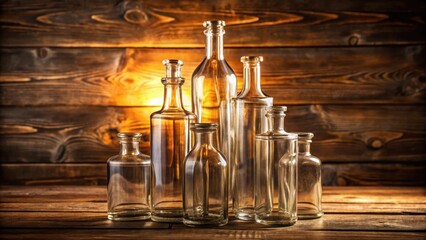 Collection of Empty Glass Bottles on Rustic Wooden Surface with Warm Lighting