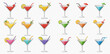 © Heri - A vibrant collection of fifteen colorful cocktails in martini glasses, each garnished with fruit slices, cherries, and straws.