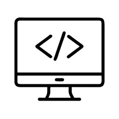 Minimal line vector icon of computer monitor with code symbols for programming