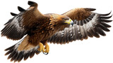Soaring Eagle in Flight: A majestic eagle with outstretched wings soars powerfully, showcasing its impressive plumage and piercing gaze, symbolizing freedom and strength.