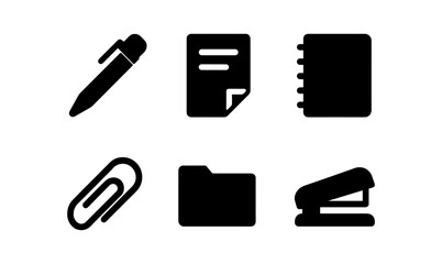 Silhouette icons of office supplies: pen, paper, notebook, paperclip, folder, stapler