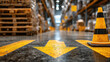 © weerasak - Warehouse aisle safety cone yellow arrow wet floor pallet rack industrial logistics caution reflection perspective pathway guides calm focus