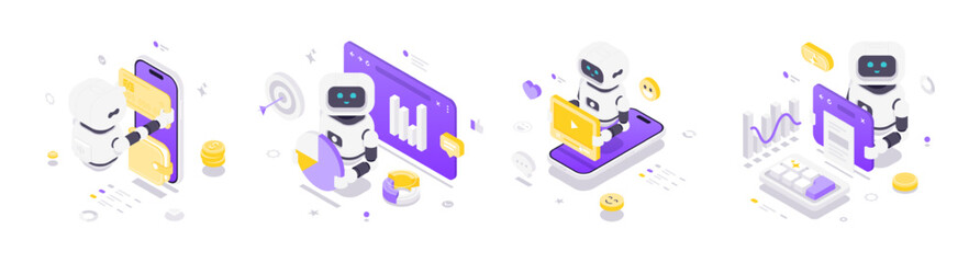 Wall Mural - Isometric vector illustration featuring artificial intelligence robots interacting with financial technology, data analytics, video content, and web monitoring in a futuristic digital environment.