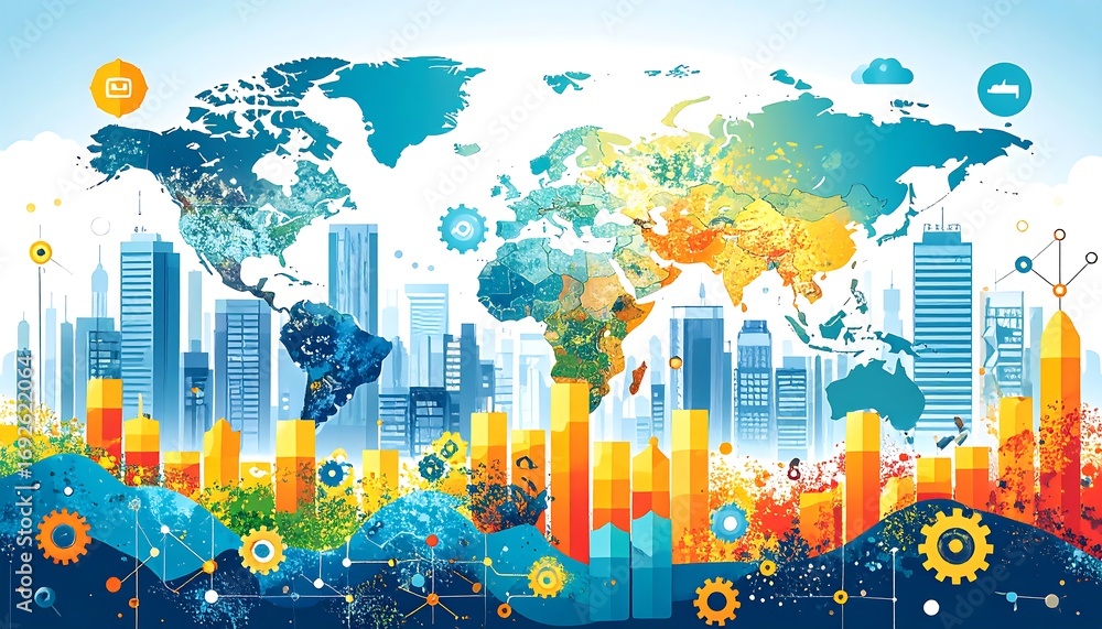 Global interconnectedness. Colorful world map with city skyline and ...