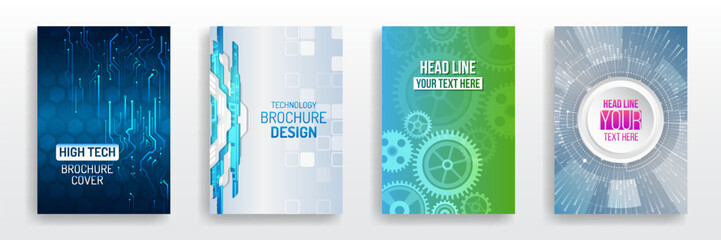Wall Mural - Set of modern technology brochure covers with circuits, gears, and abstract digital elements. Ideal for business reports, flyers, catalogs, and futuristic design projects.