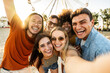 Multiracial group of friends taking selfie with smart mobile phone outside - Happy young people having fun in front of ferris wheel at summer vacation - Technology and summertime holidays concept
