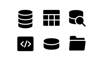 Database icons set: minimalistic silhouette icons for data management and coding
