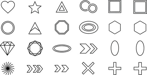 Collection of simple, clean line art geometric shapes and icons on a white background