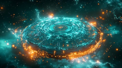 Wall Mural - Glowing ufo in space with intricate circuit and light details