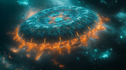Wall Mural - A futuristic structure floating in space with glowing lights around