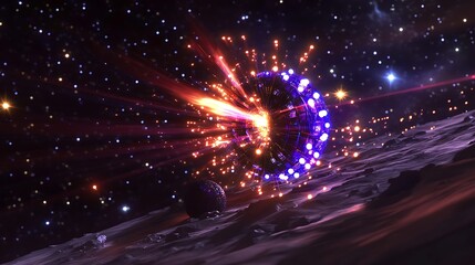 Wall Mural - Glowing portal with energy beams in space on a rocky surface