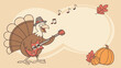 © German - whimsical cartoon-style illustration of turkey wearing hat and playing an electric guitar,with an empty speech bubble and pumpkins for Thanksgiving,music,humorous holiday celebration theme