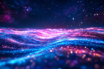 Wall Mural - Glowing waves under a starry sky with pink and blue coloration