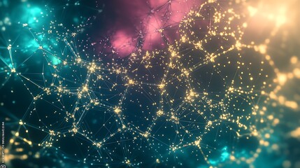 Wall Mural - glowing network of interconnected dots against a colorful backdrop